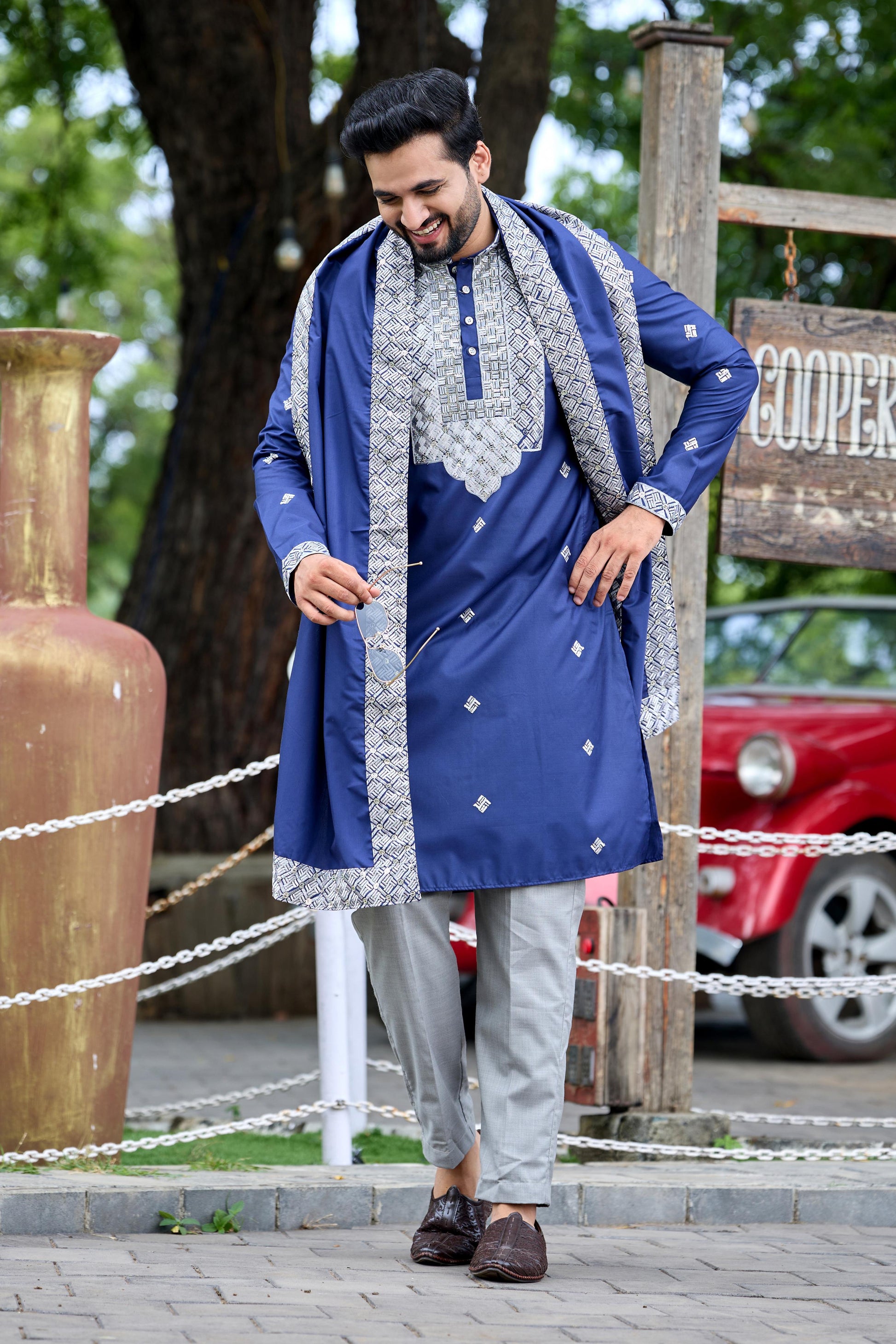 Navy Blue Embroidered Kurta with Dupatta and Pant Set