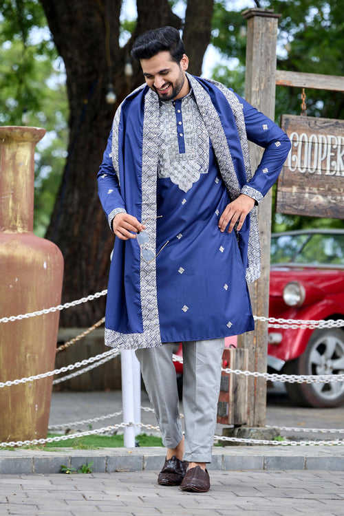 Navy Blue Embroidered Kurta with Dupatta and Pant Set
