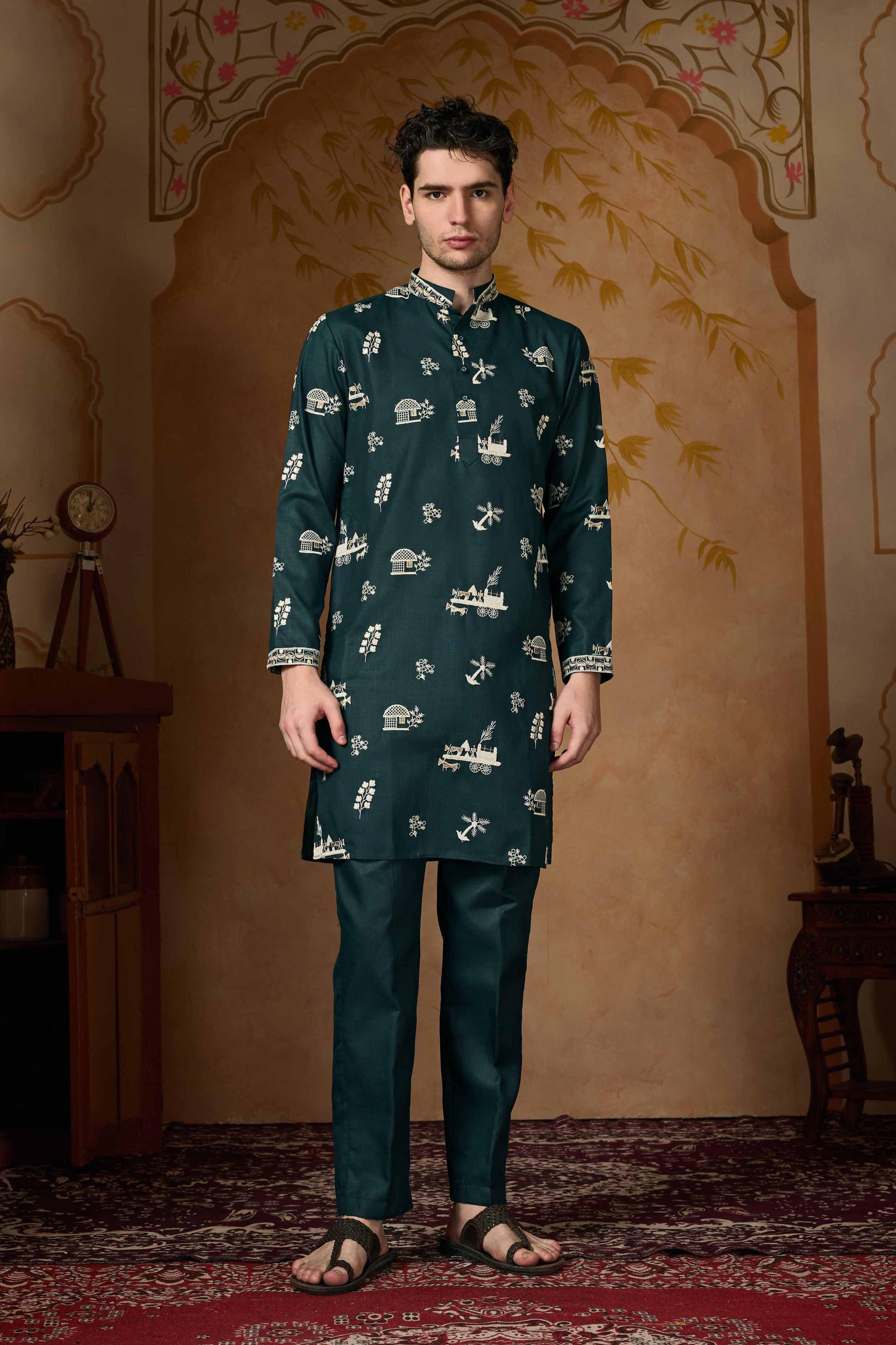 Emerald Green Embroidered Kurta with Pant Set
