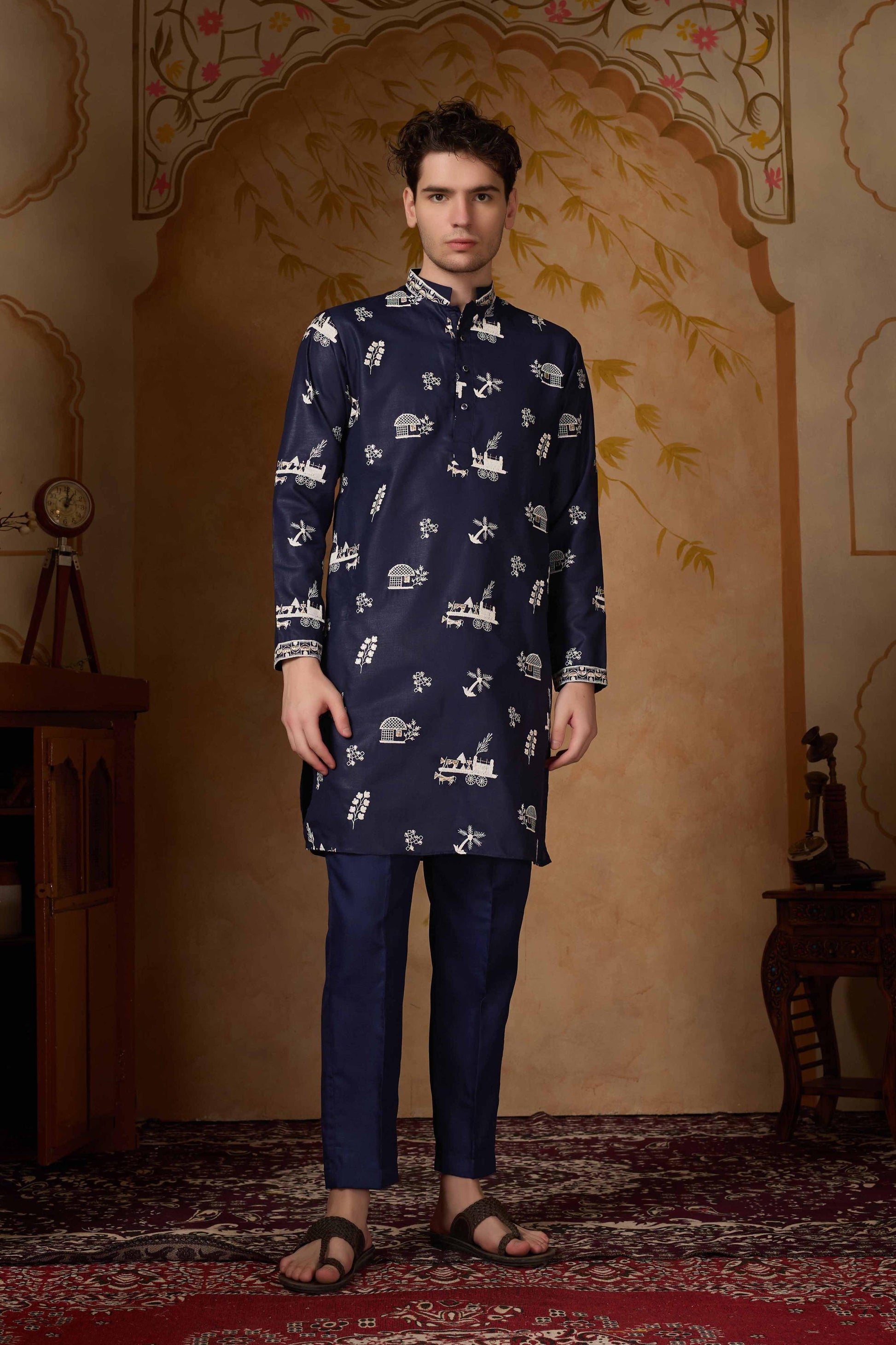 Navy Blue Embroidered Kurta with Pant Set