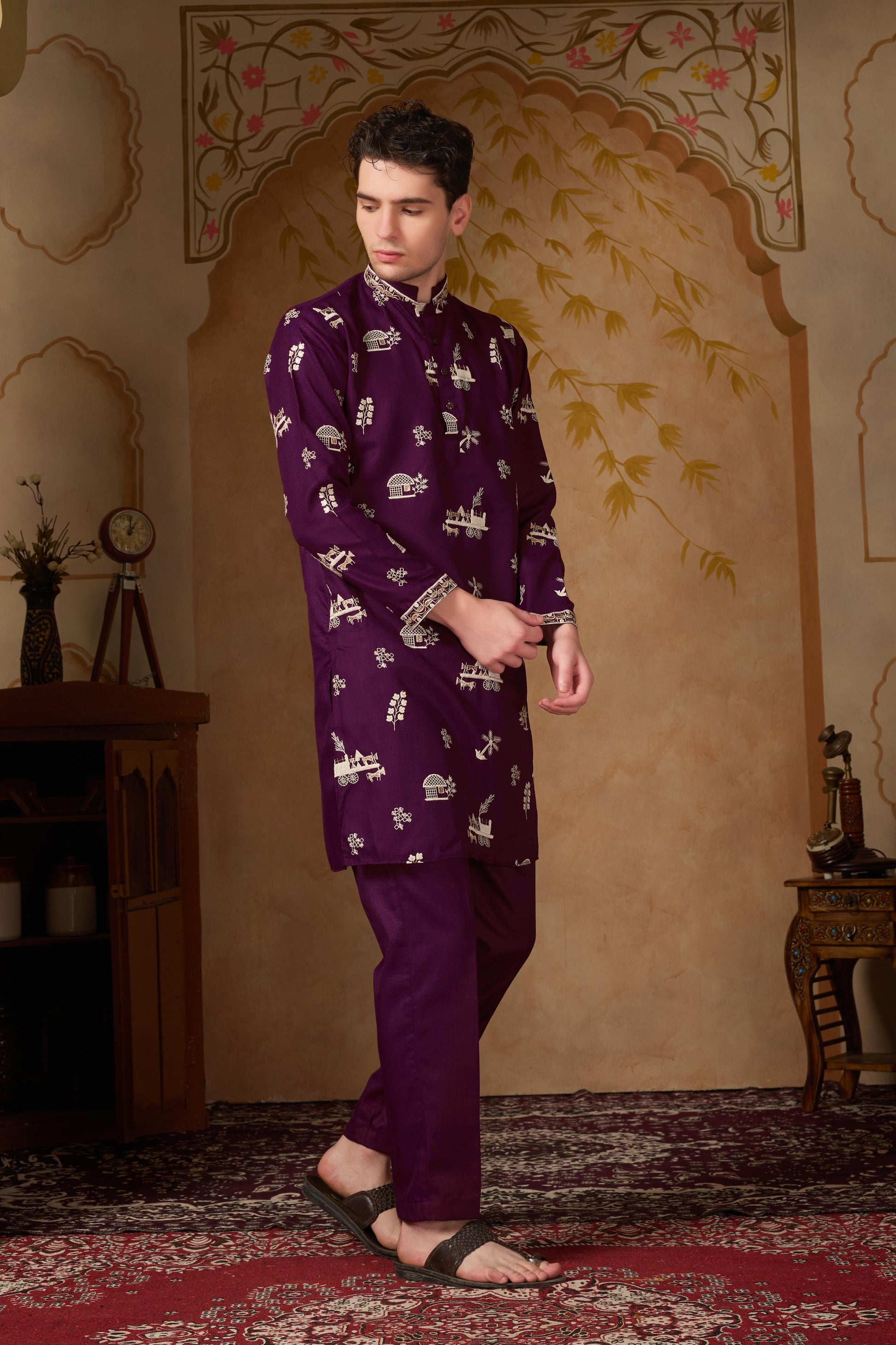 Plum Purple Embroidered Kurta with Pant Set