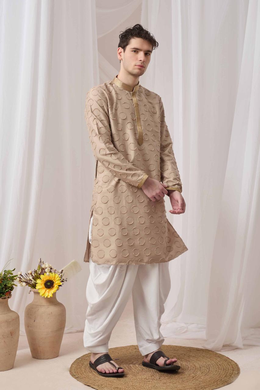 Beige Textured Kurta with White Patiala Pant Set