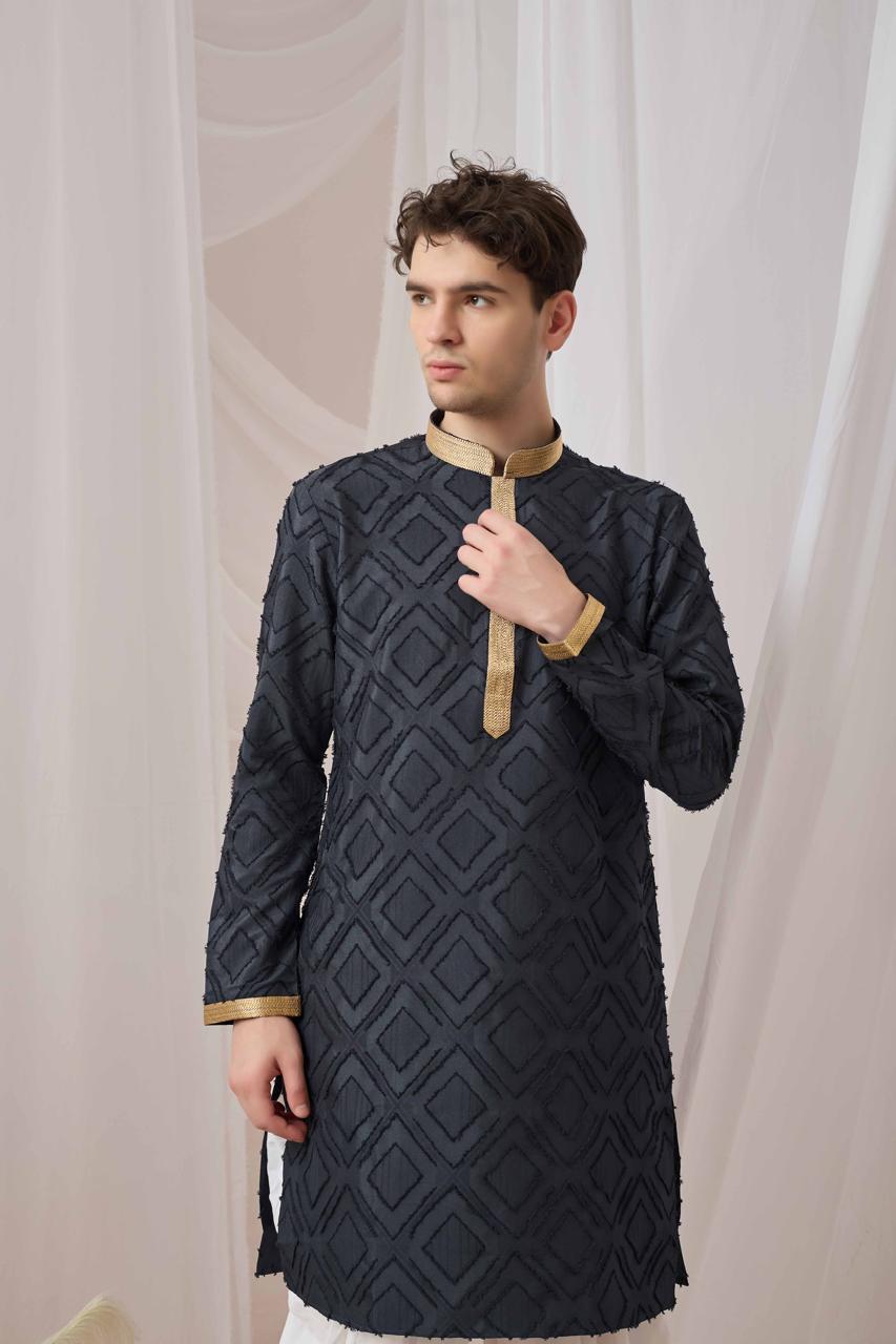 Charcoal Black Textured Kurta with White Patiala Pant Set