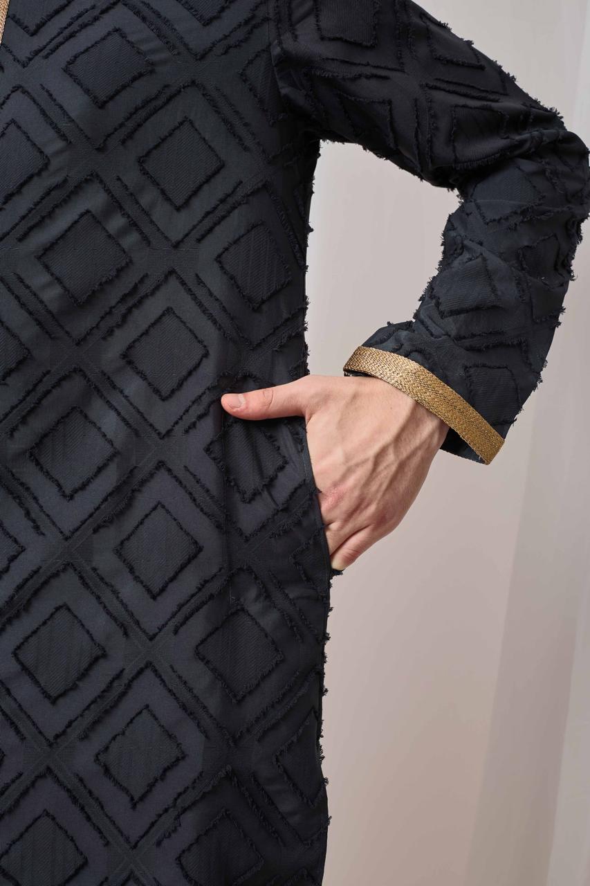 Charcoal Black Textured Kurta with White Patiala Pant Set