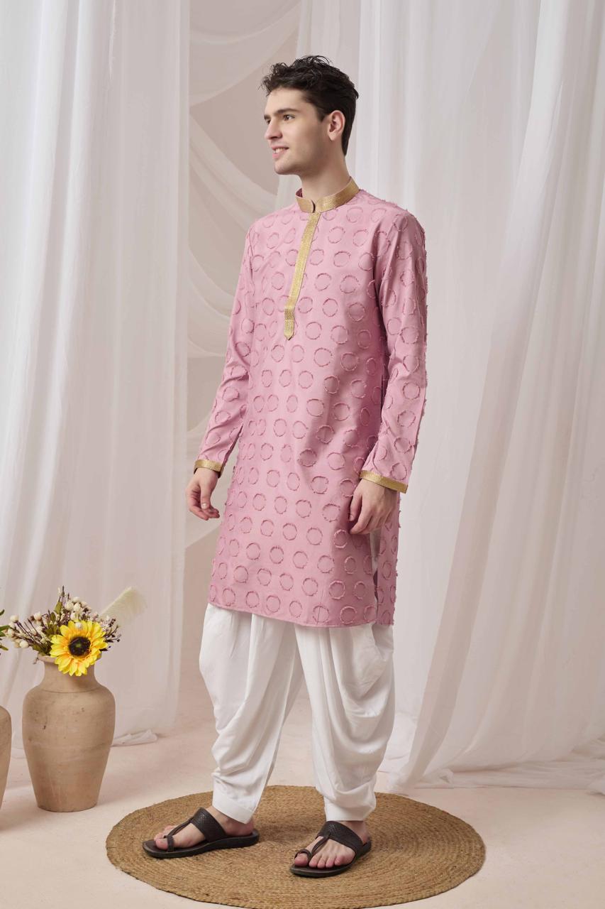 Blush Pink Textured Kurta with White Patiala Pant Set