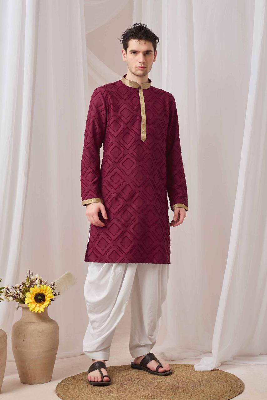 Maroon Textured Kurta with White Patiala Pant Set
