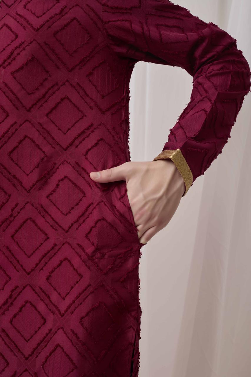 Maroon Textured Kurta with White Patiala Pant Set