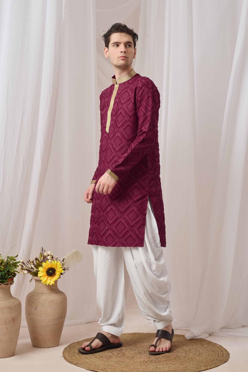 Maroon Textured Kurta with White Patiala Pant Set