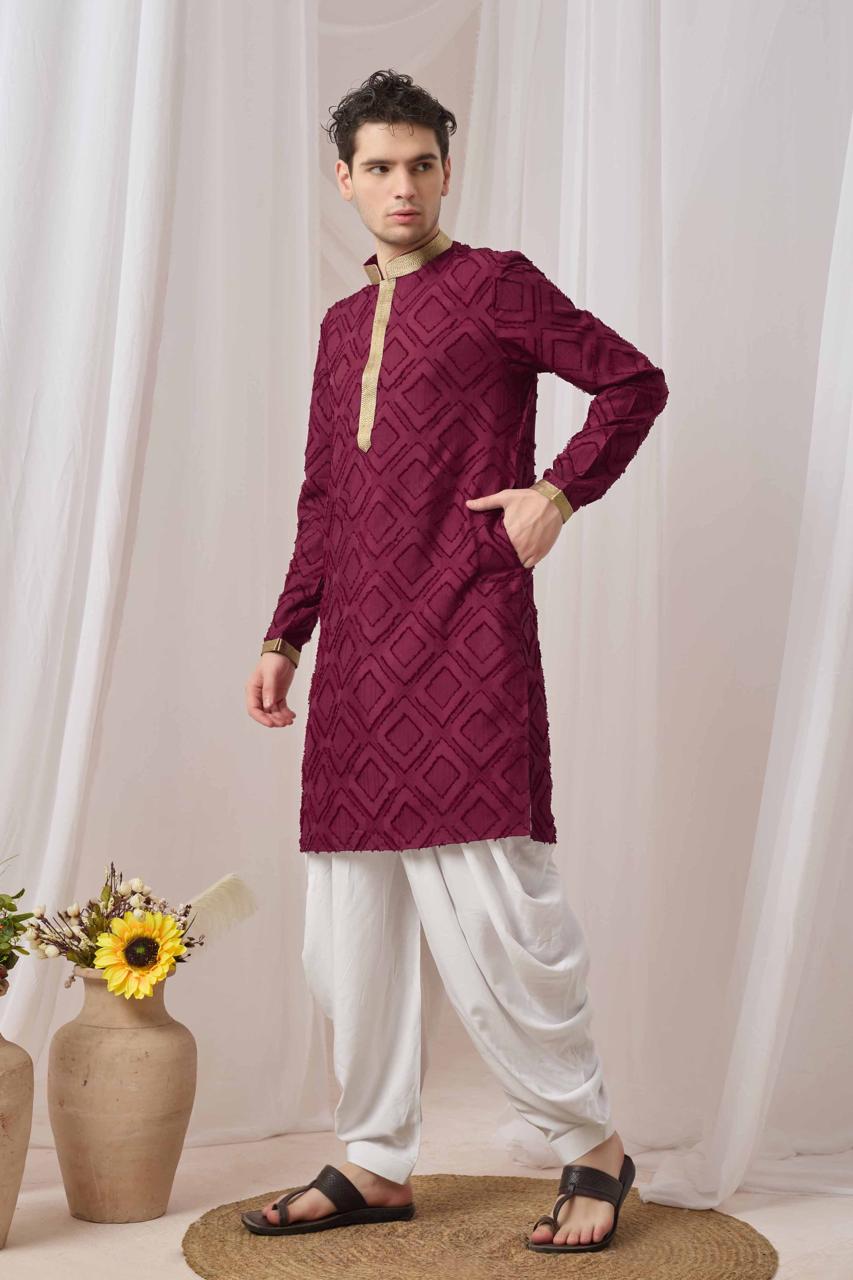 Maroon Textured Kurta with White Patiala Pant Set