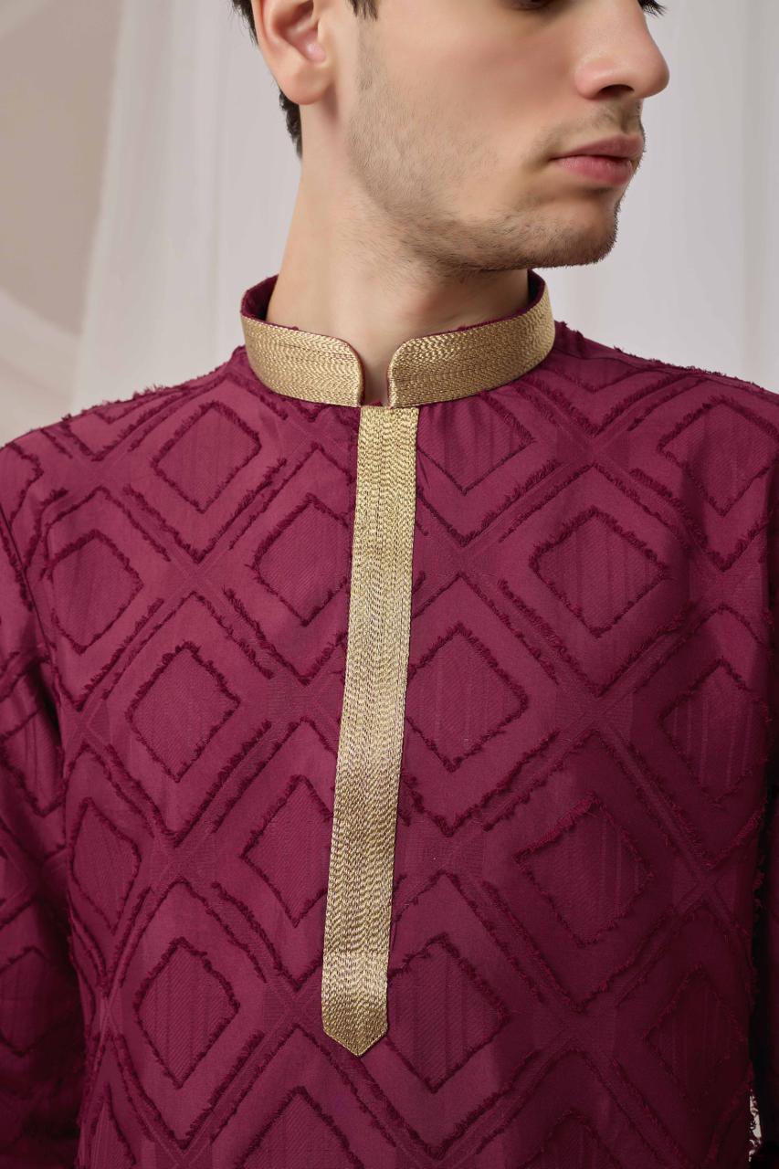 Maroon Textured Kurta with White Patiala Pant Set
