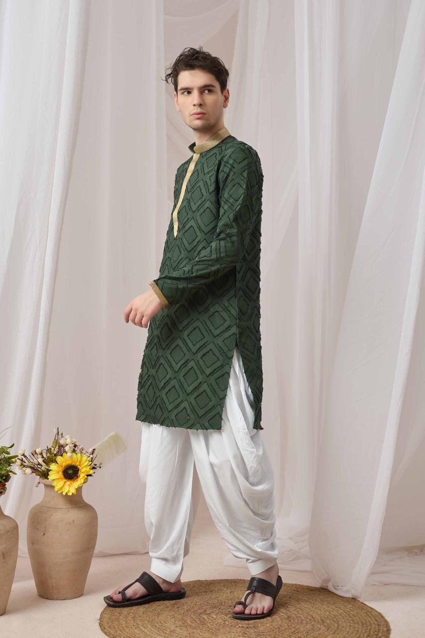 Olive Green Textured Kurta with White Patiala Pant Set