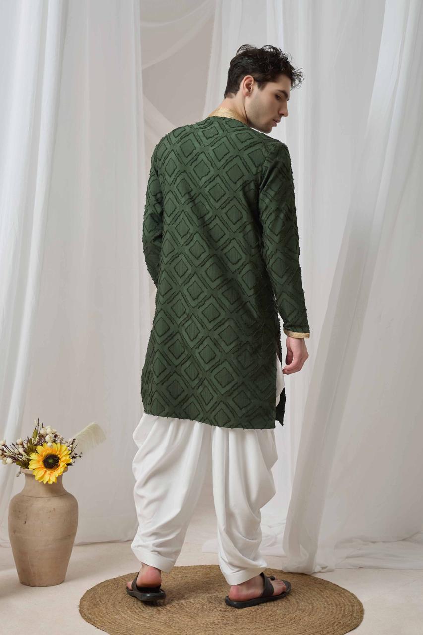 Olive Green Textured Kurta with White Patiala Pant Set