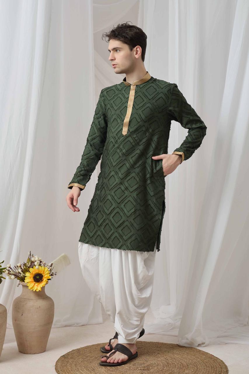 Olive Green Textured Kurta with White Patiala Pant Set