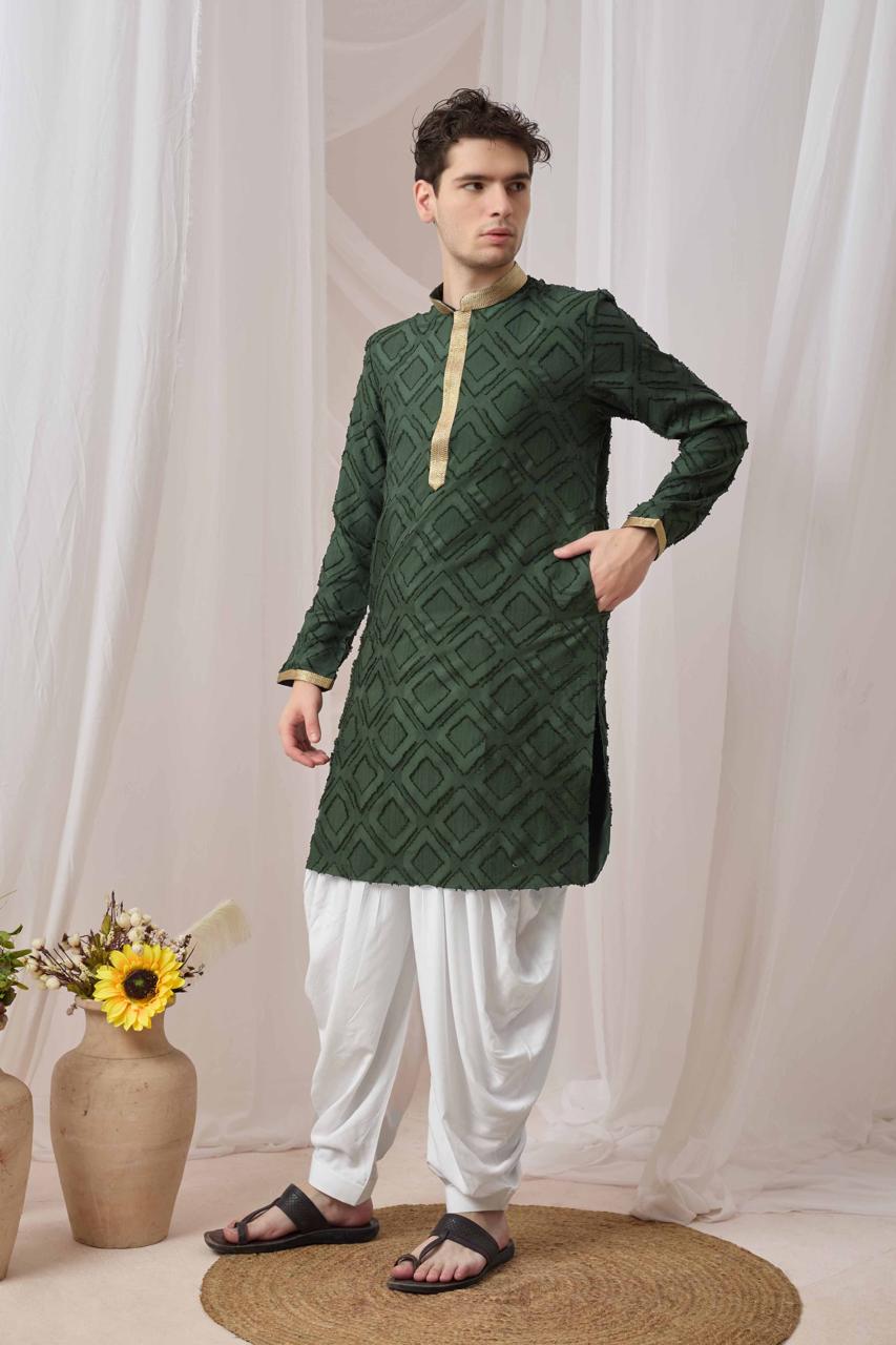 Olive Green Textured Kurta with White Patiala Pant Set