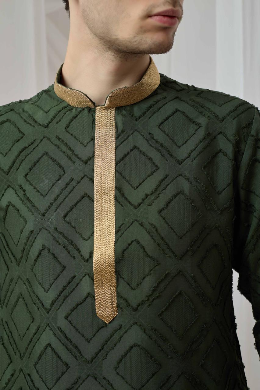 Olive Green Textured Kurta with White Patiala Pant Set