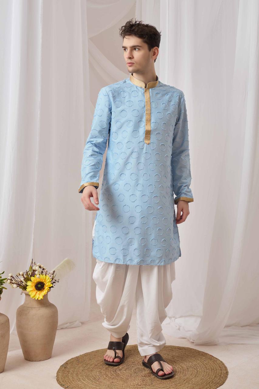 Sky Blue Textured Kurta with White Patiala Pant Set