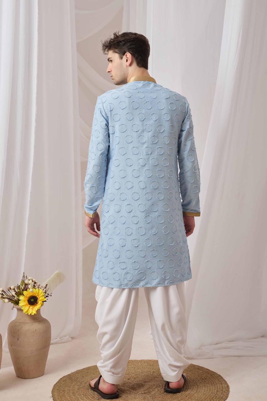 Sky Blue Textured Kurta with White Patiala Pant Set