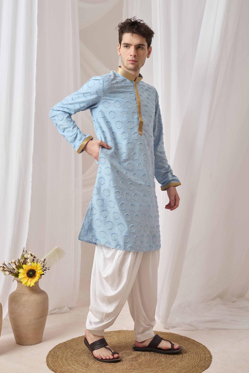 Sky Blue Textured Kurta with White Patiala Pant Set