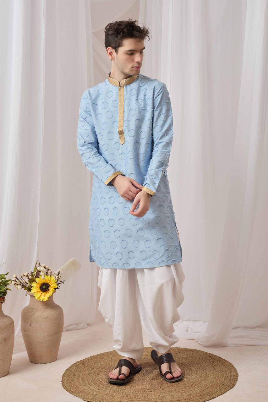 Sky Blue Textured Kurta with White Patiala Pant Set