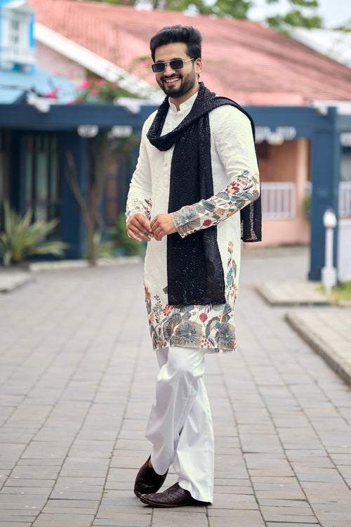 Ivory Floral Embroidered Kurta with Dupatta and Pant Set
