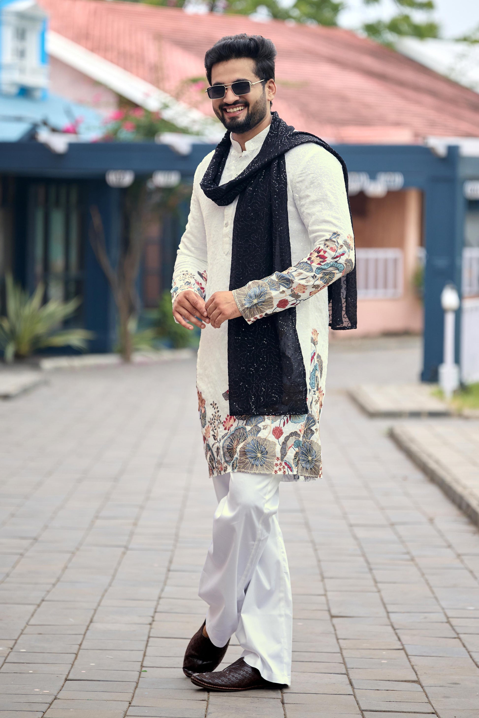 White floral Dynasty Black Embroidered Kurta