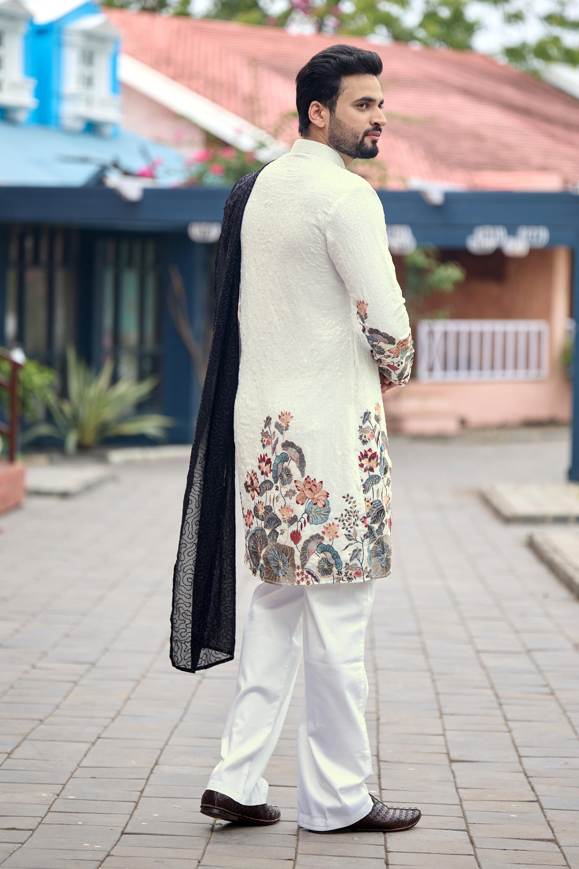White floral Dynasty Black Embroidered Kurta