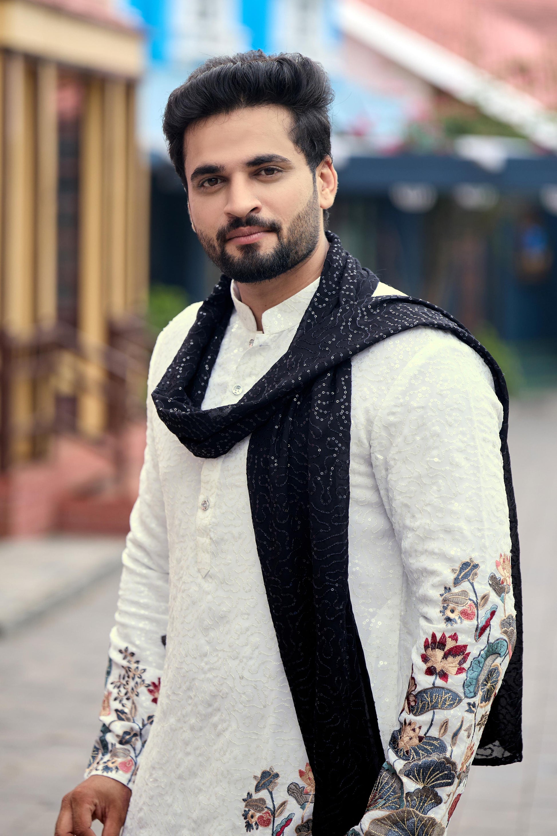 White floral Dynasty Black Embroidered Kurta