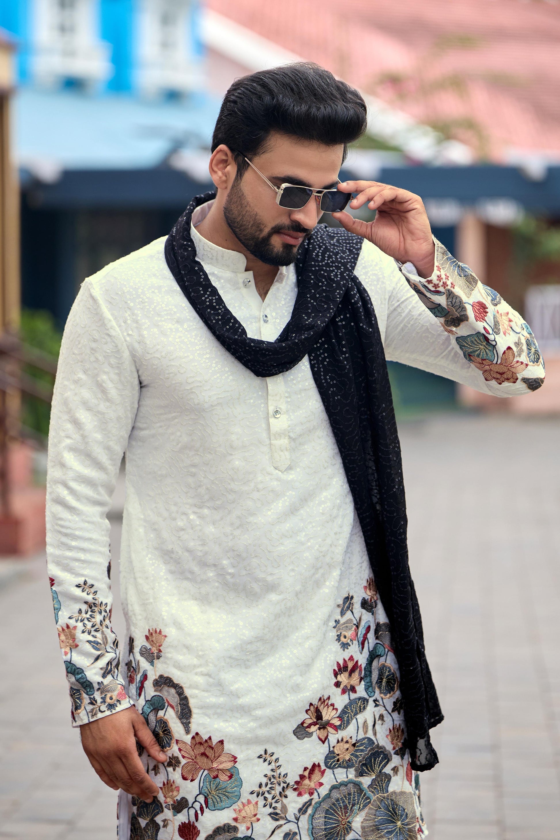 White floral Dynasty Black Embroidered Kurta