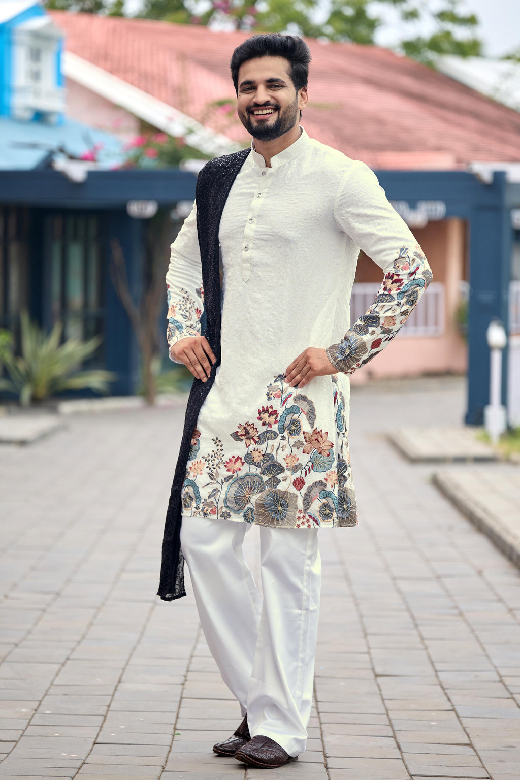 White floral Dynasty Black Embroidered Kurta