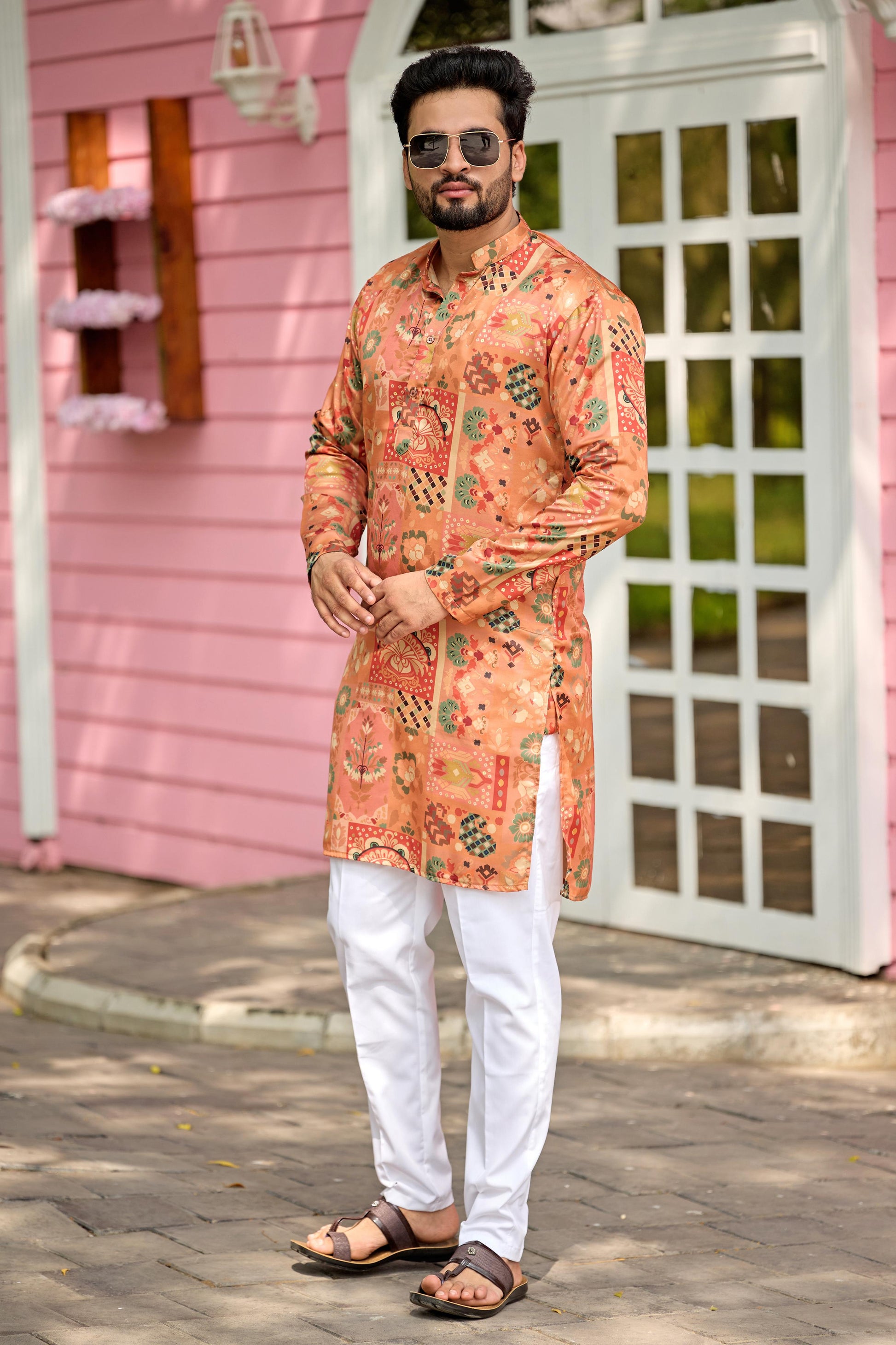 Peach Foil Printed Kurta with Pant Set