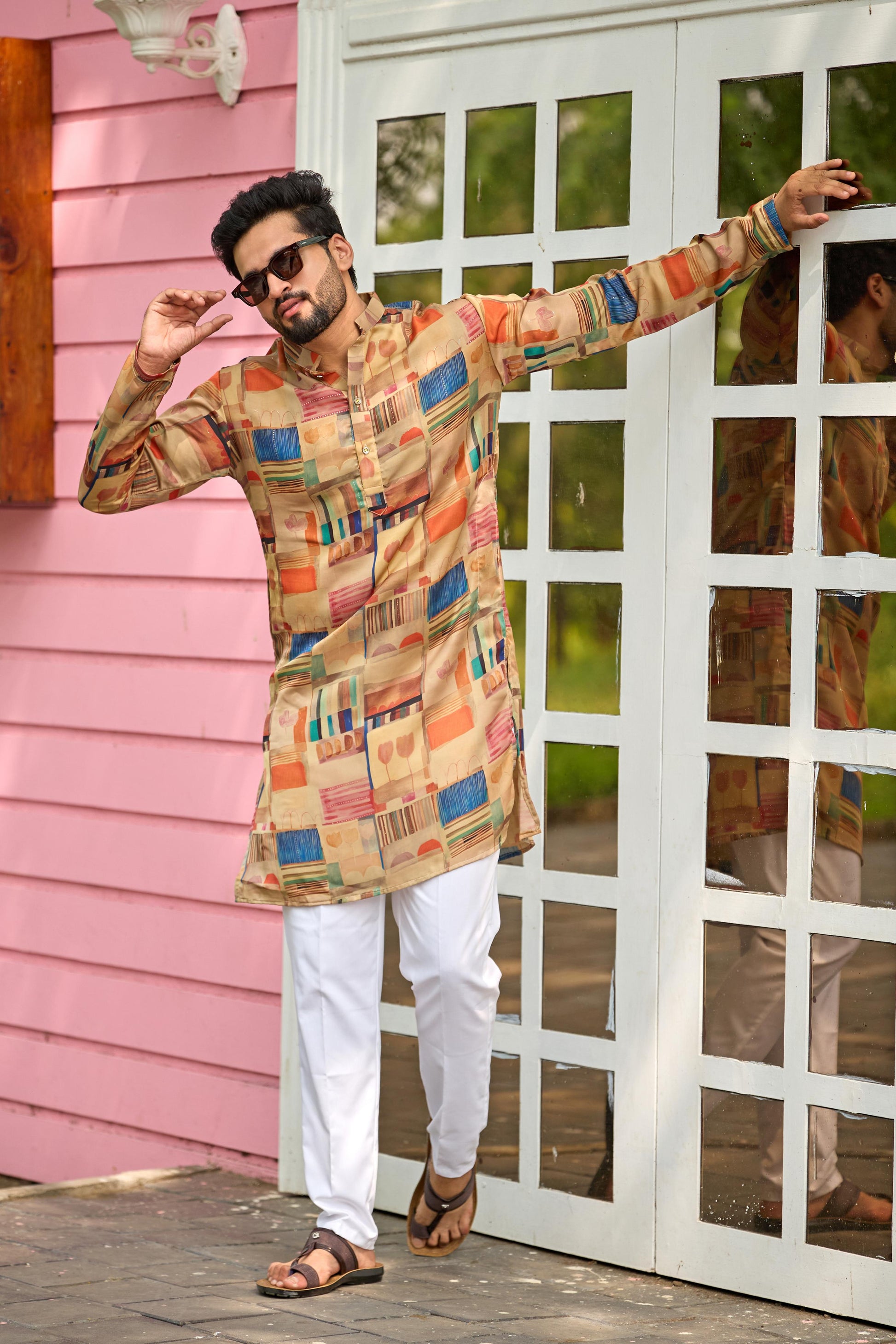 Beige Foil Printed Kurta with Pant Set