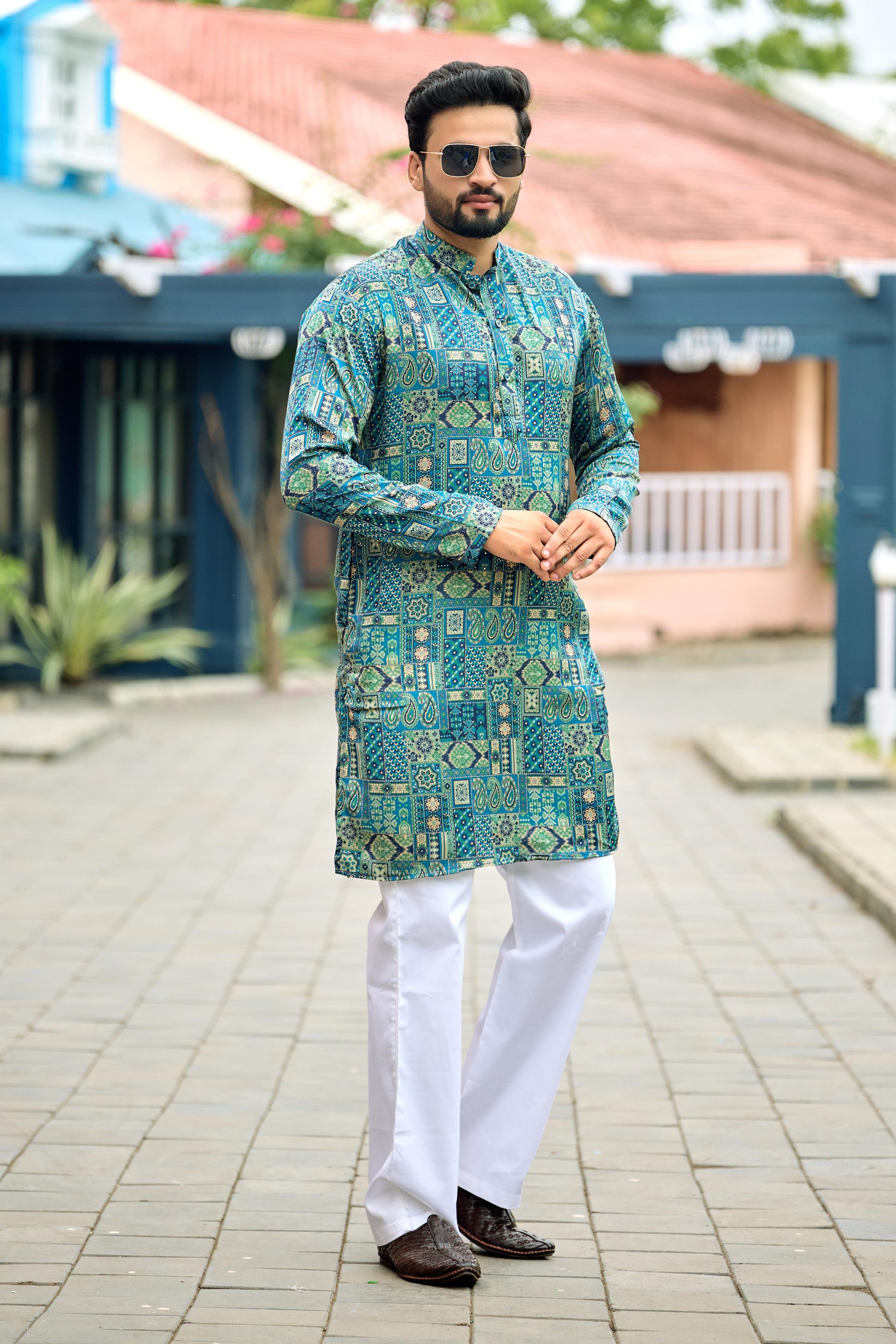 Turquoise Blue Foil Printed Kurta with Pant Set
