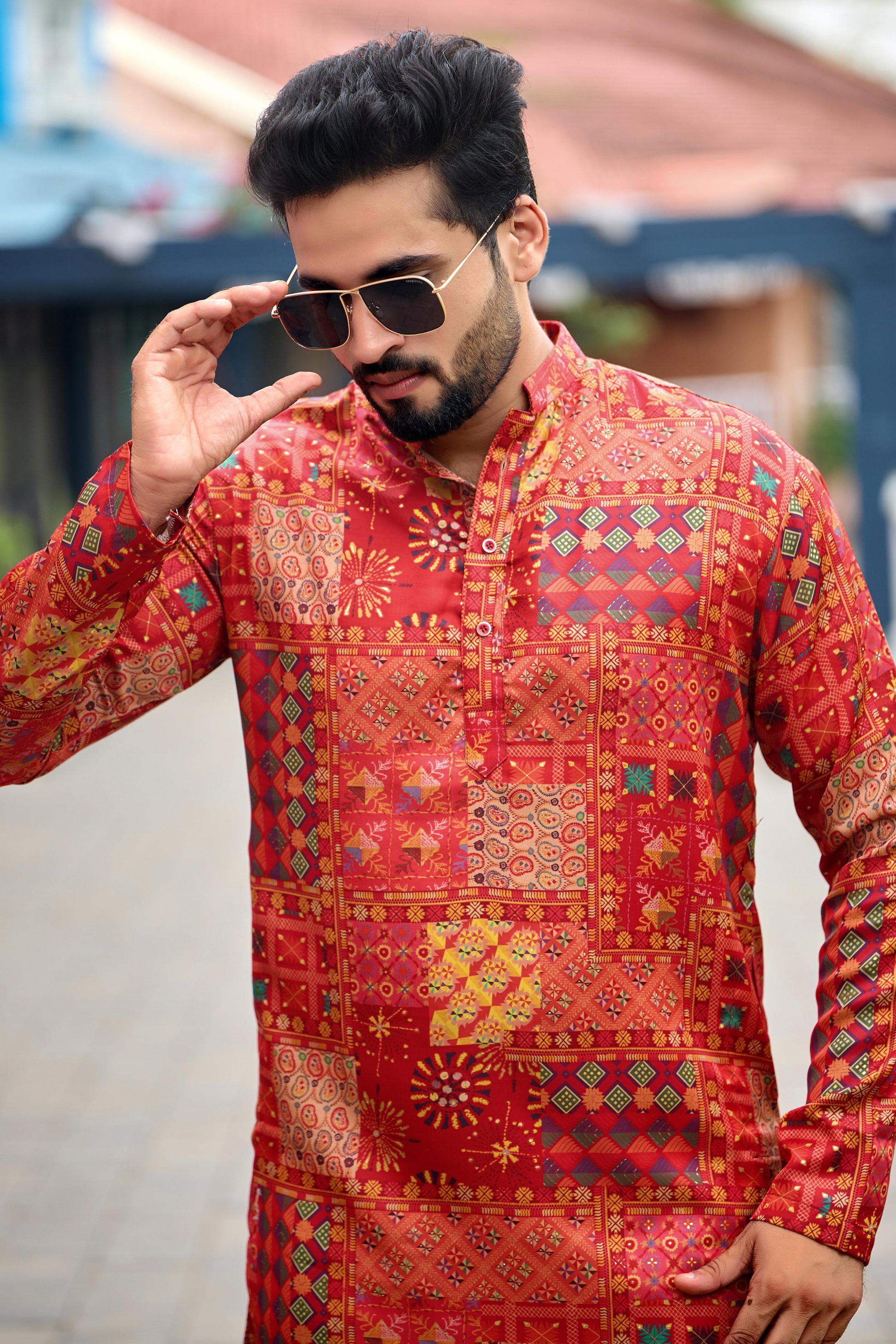 Crimson Red Foil Printed Kurta with Pant Set