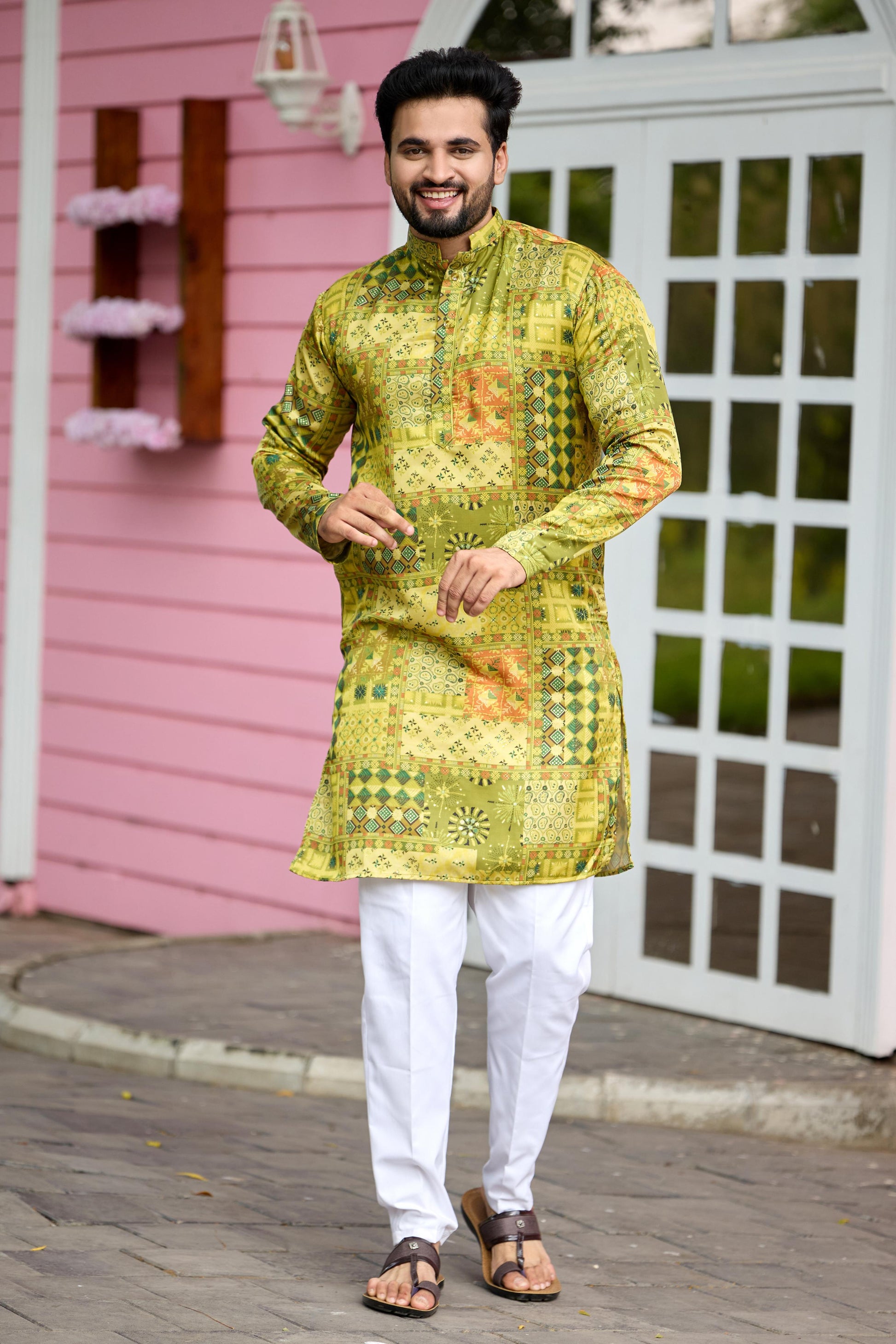 Olive Green Foil Printed Kurta with Pant Set