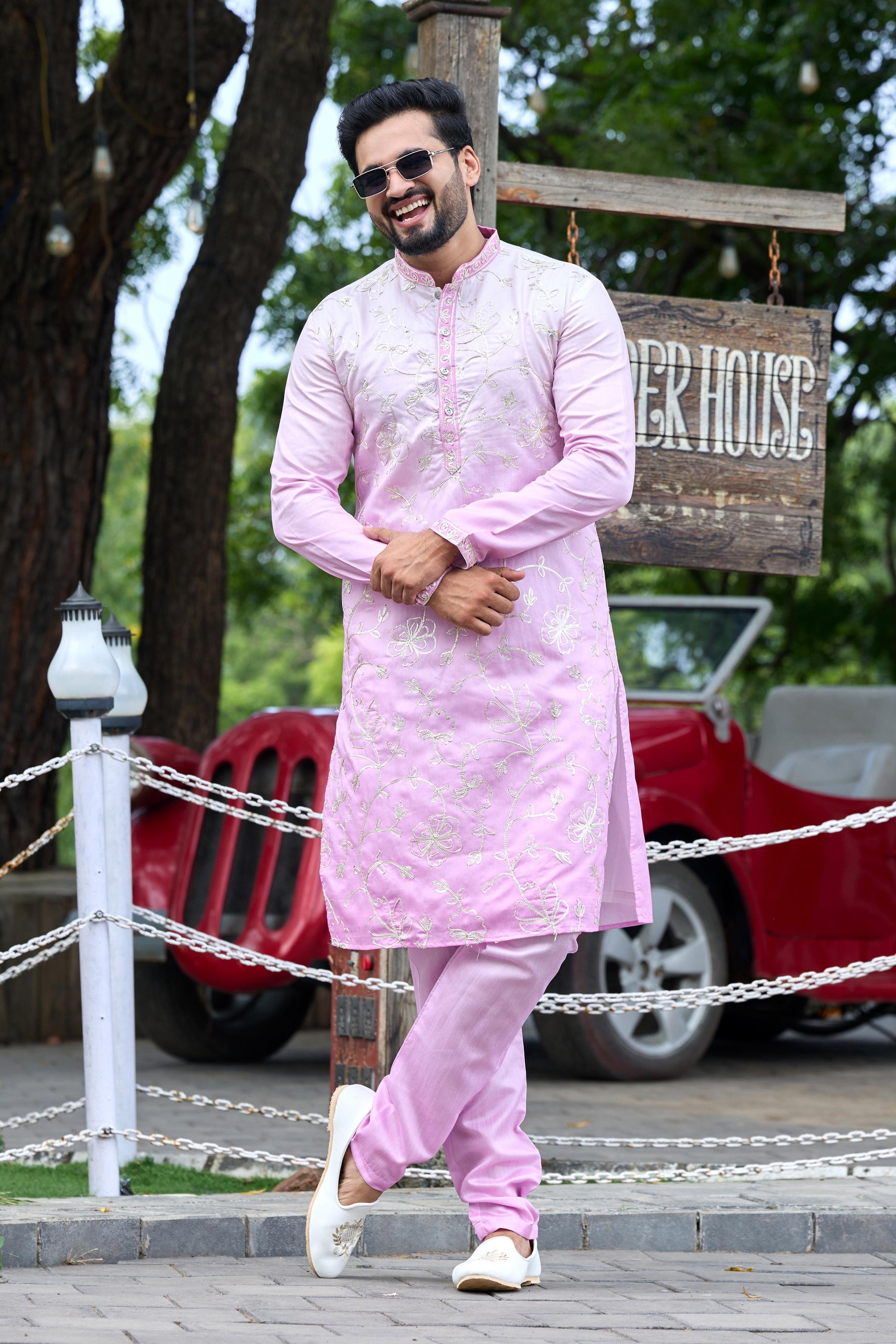 Blush Pink Shaded Floral Embroidered Kurta with Pant Set