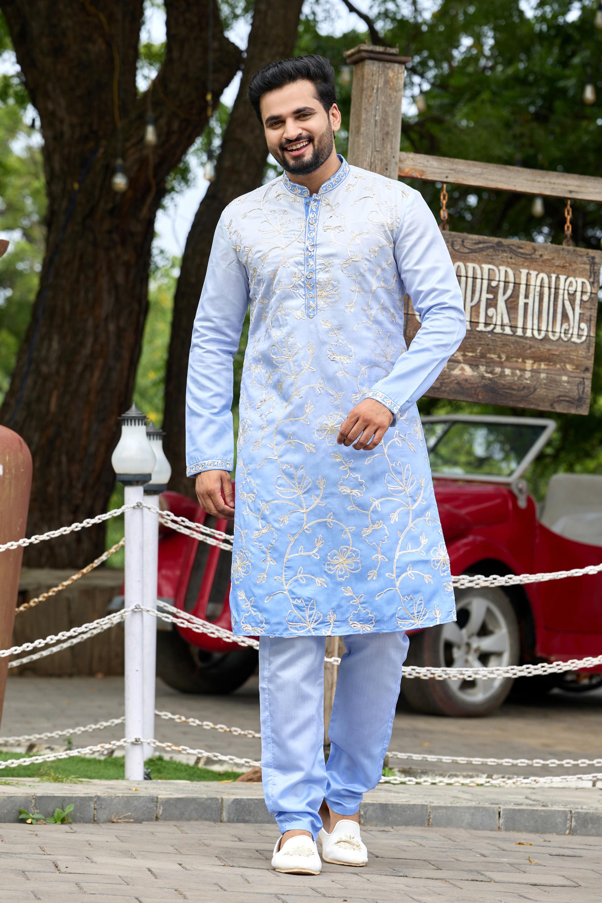 Powder Blue Shaded Floral Embroidered Kurta with Pant Set