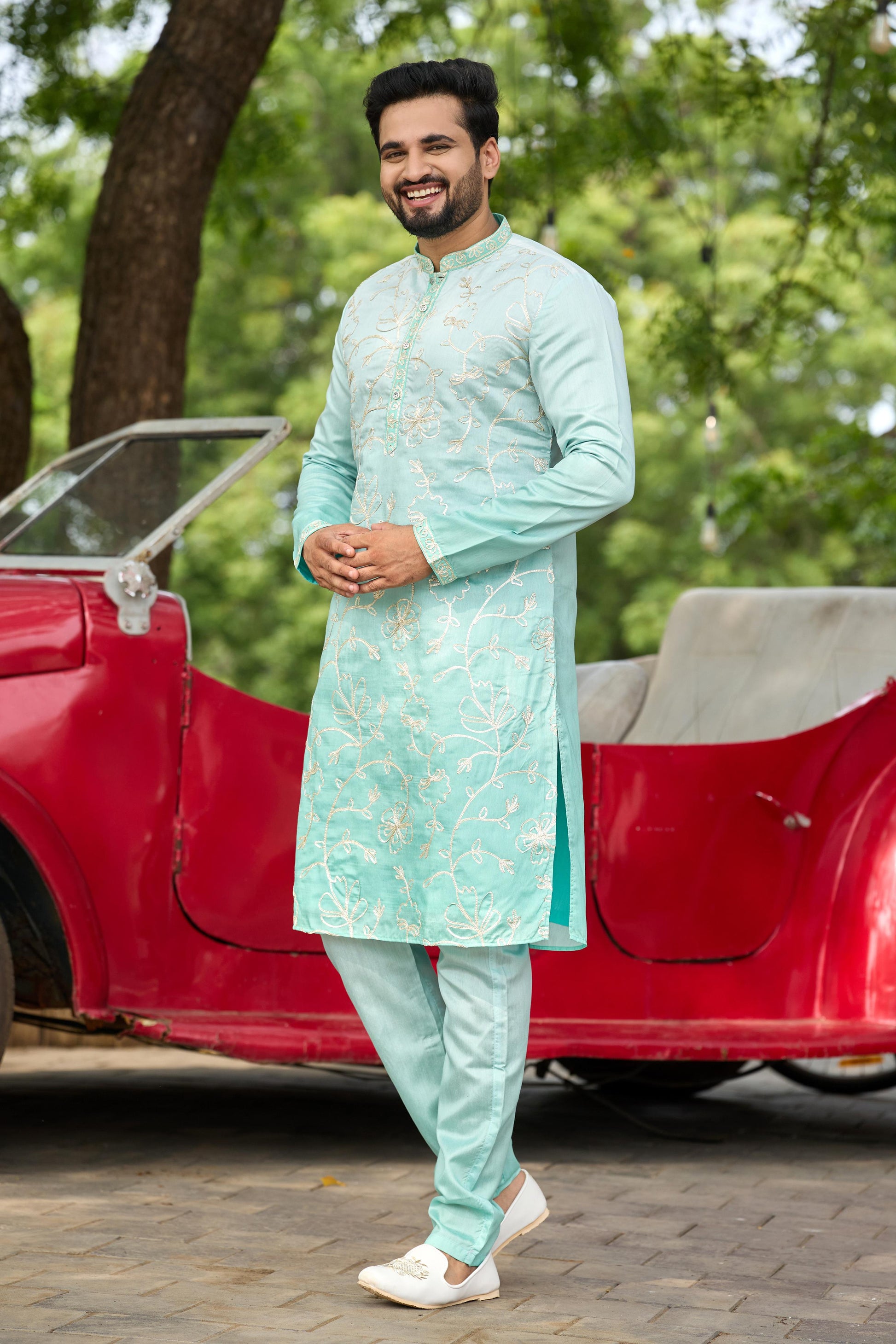 Aqua Mist Shaded Floral Embroidered Kurta with Pant Set