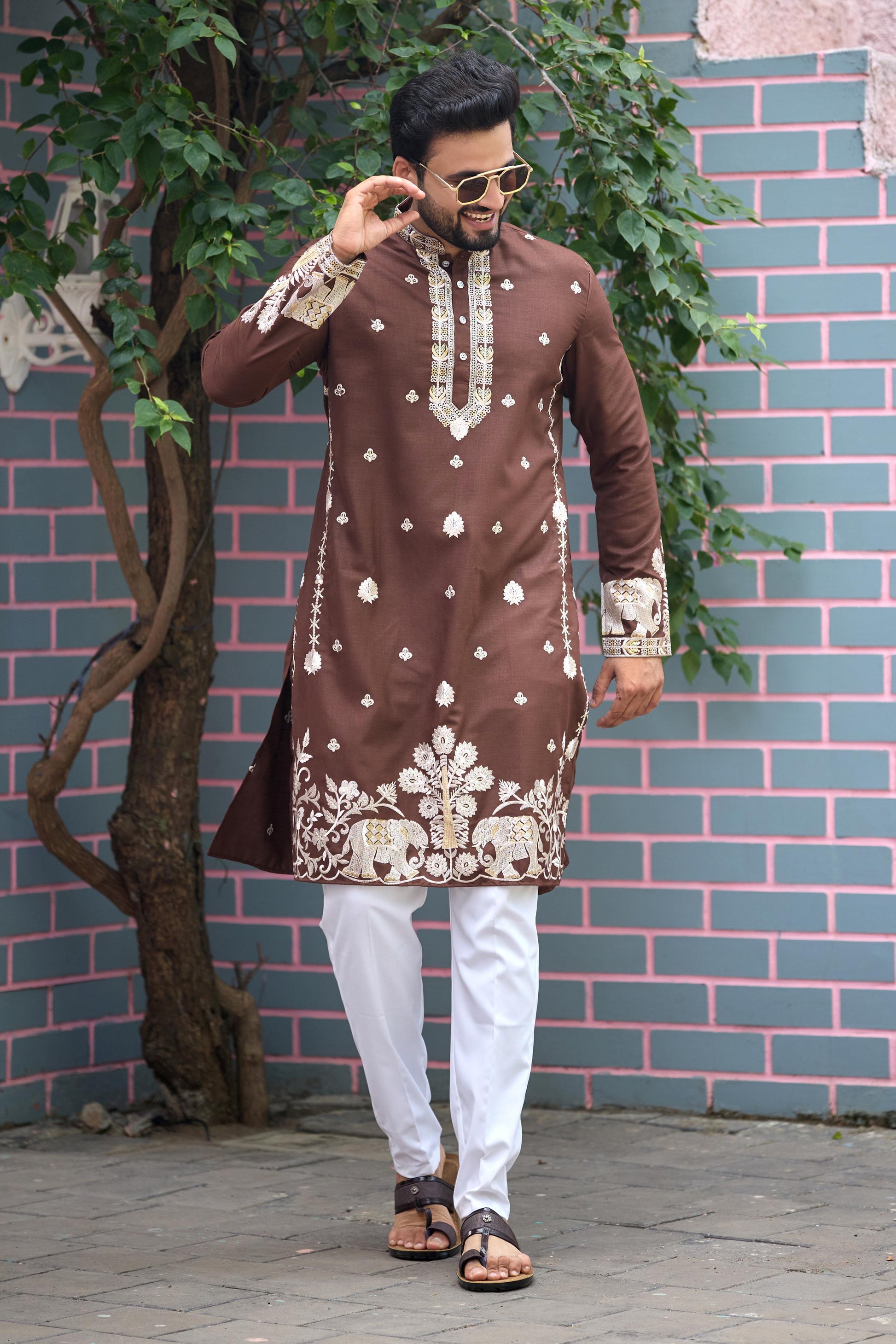 Chestnut Brown Royal Elephant Embroidered Kurta with Pant Set