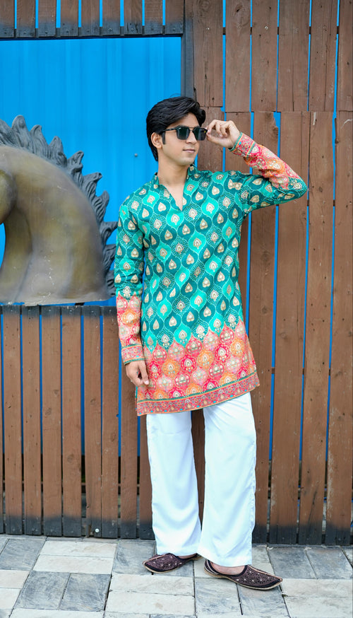 Green Bandhani V-Neck Short Kurta.