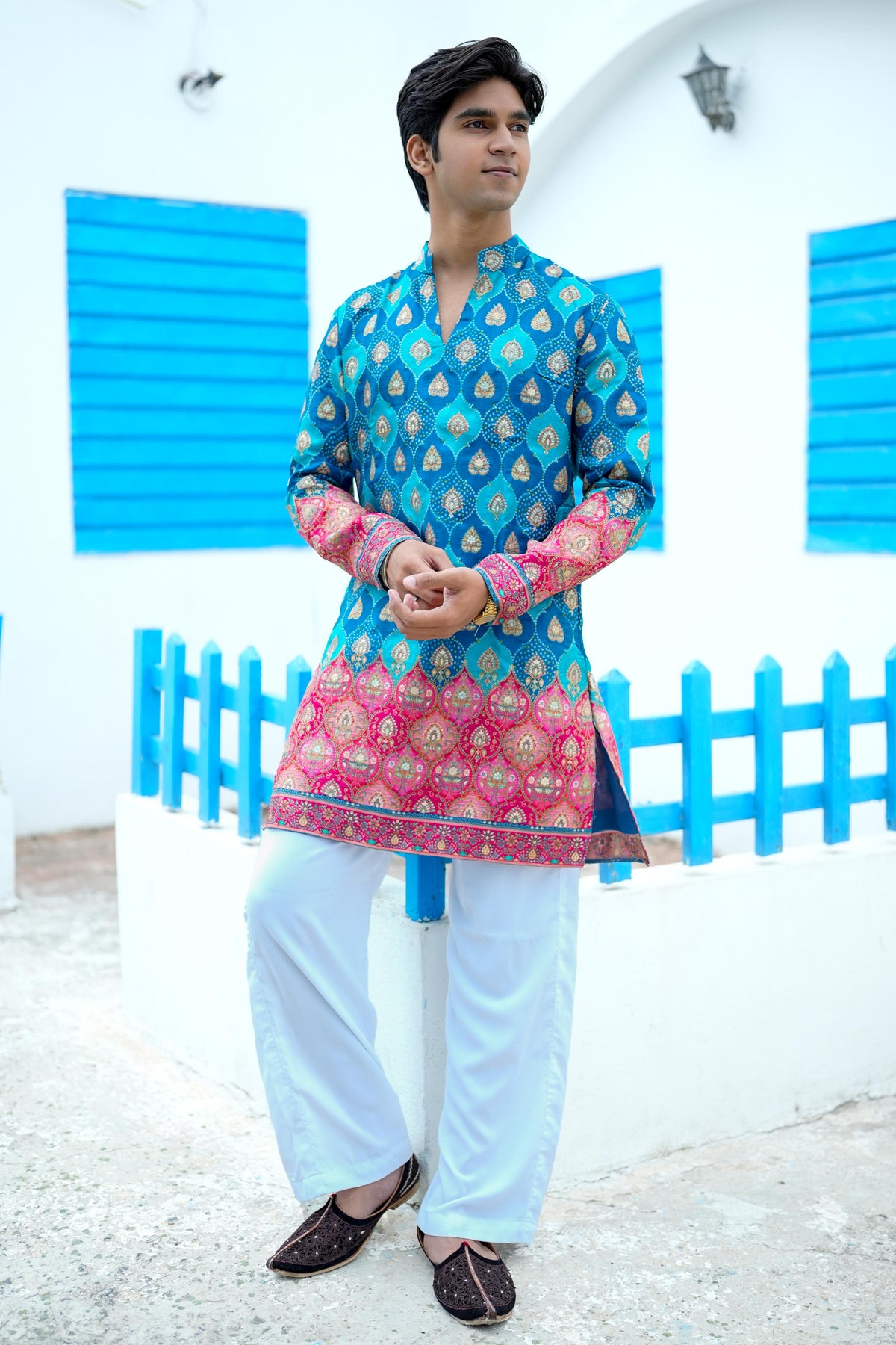 Royal Blue Bandhani V-Neck Short Kurta