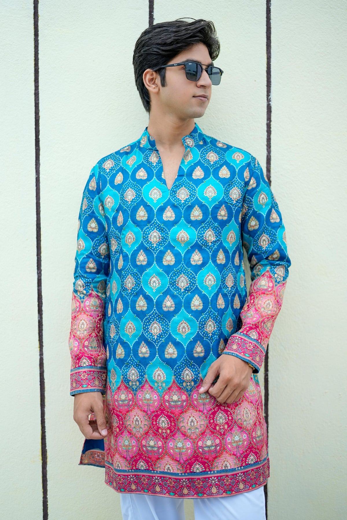 Royal Blue Bandhani V-Neck Short Kurta
