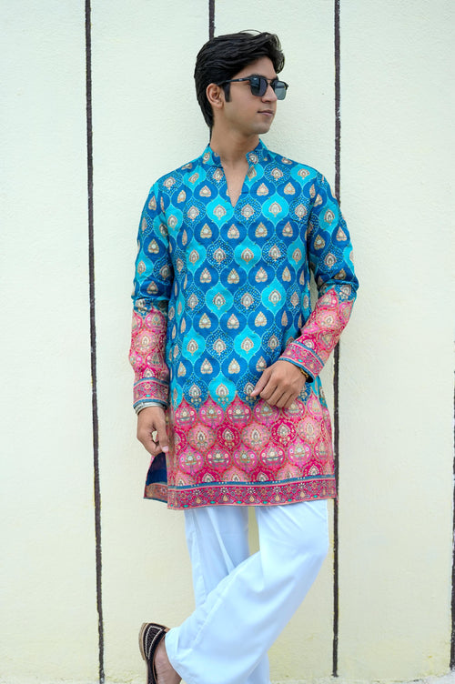 Royal Blue Bandhani V-Neck Short Kurta