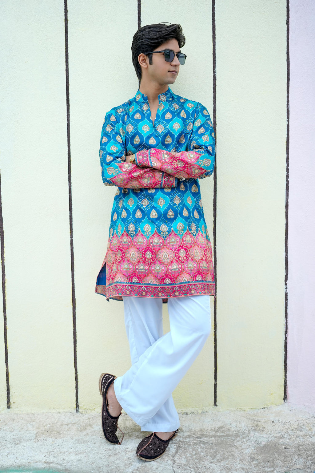 Royal Blue Bandhani V-Neck Short Kurta