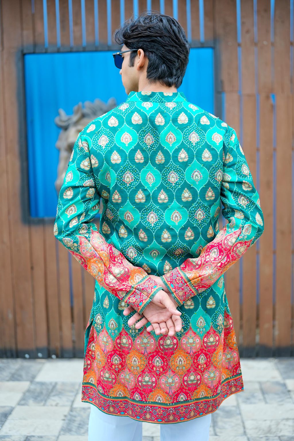 Green Bandhani V-Neck Short Kurta.