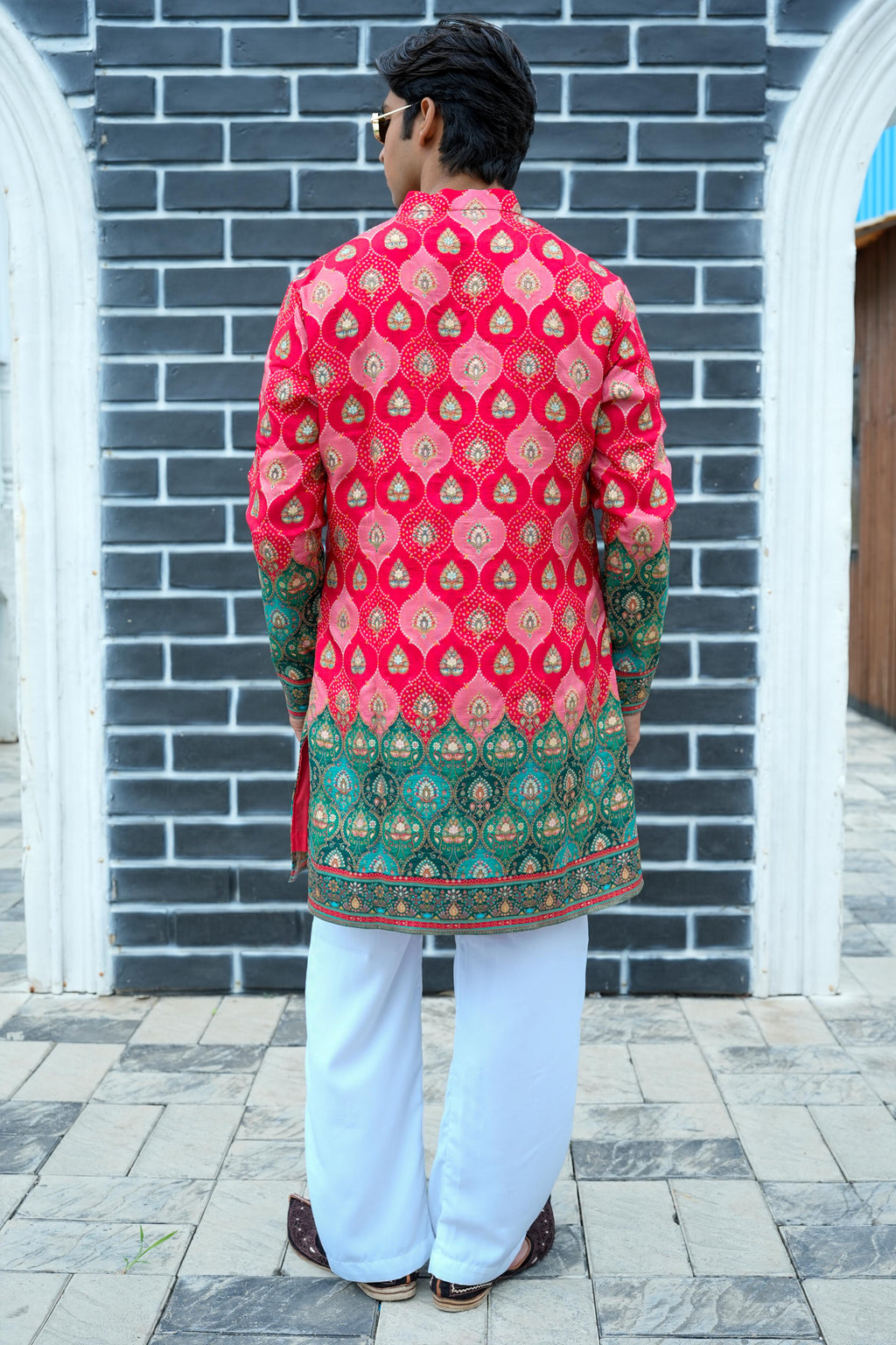 Red Bandhani V-Neck Short Kurta.