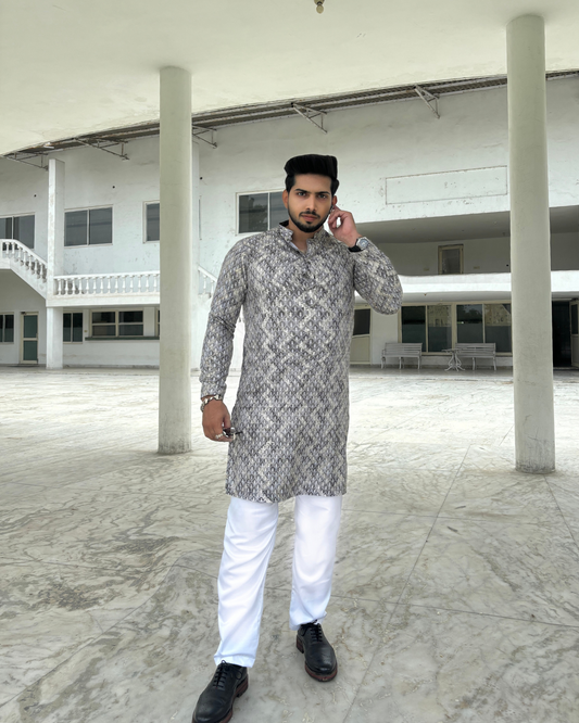 Dusty Grey Premium Embroidery Printed Kurta