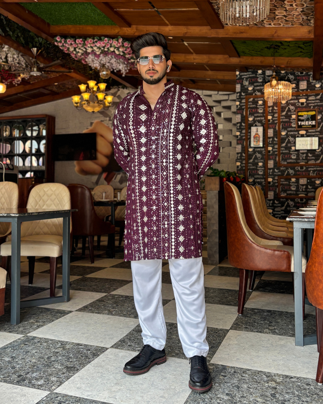 Wine Rich Mirror Work Kurta