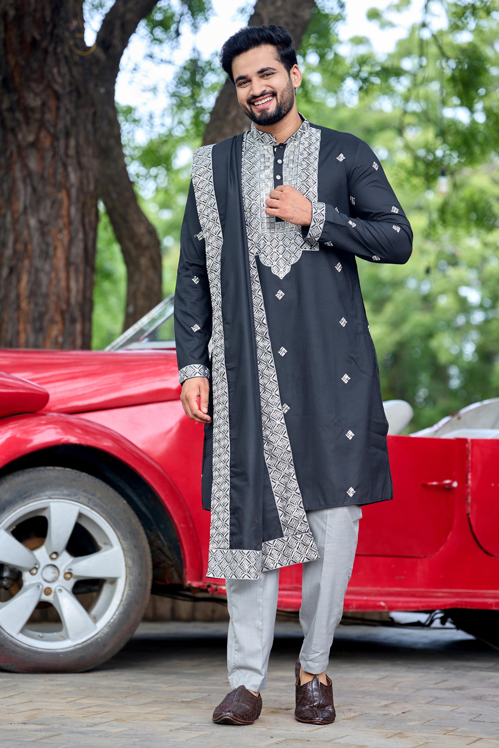 Black Embroidered Kurta with Dupatta and Pant Set