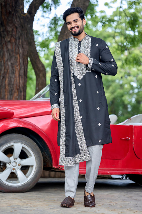 Black Embroidered Kurta with Dupatta and Pant Set
