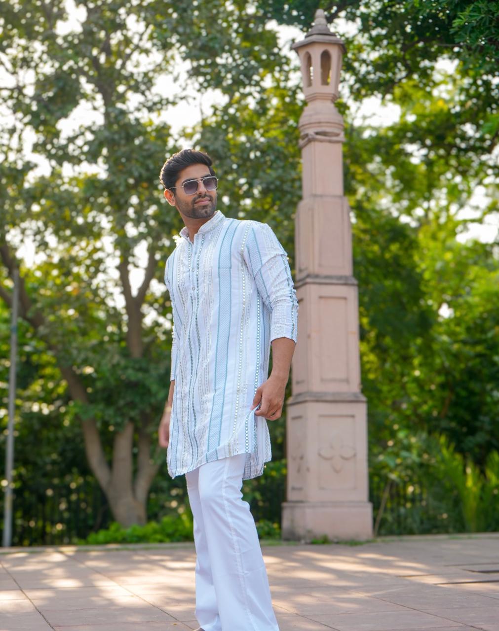 Rang Leheriya Grey Foiled Mirror Striped Work SHORT Kurta + dupatta set.